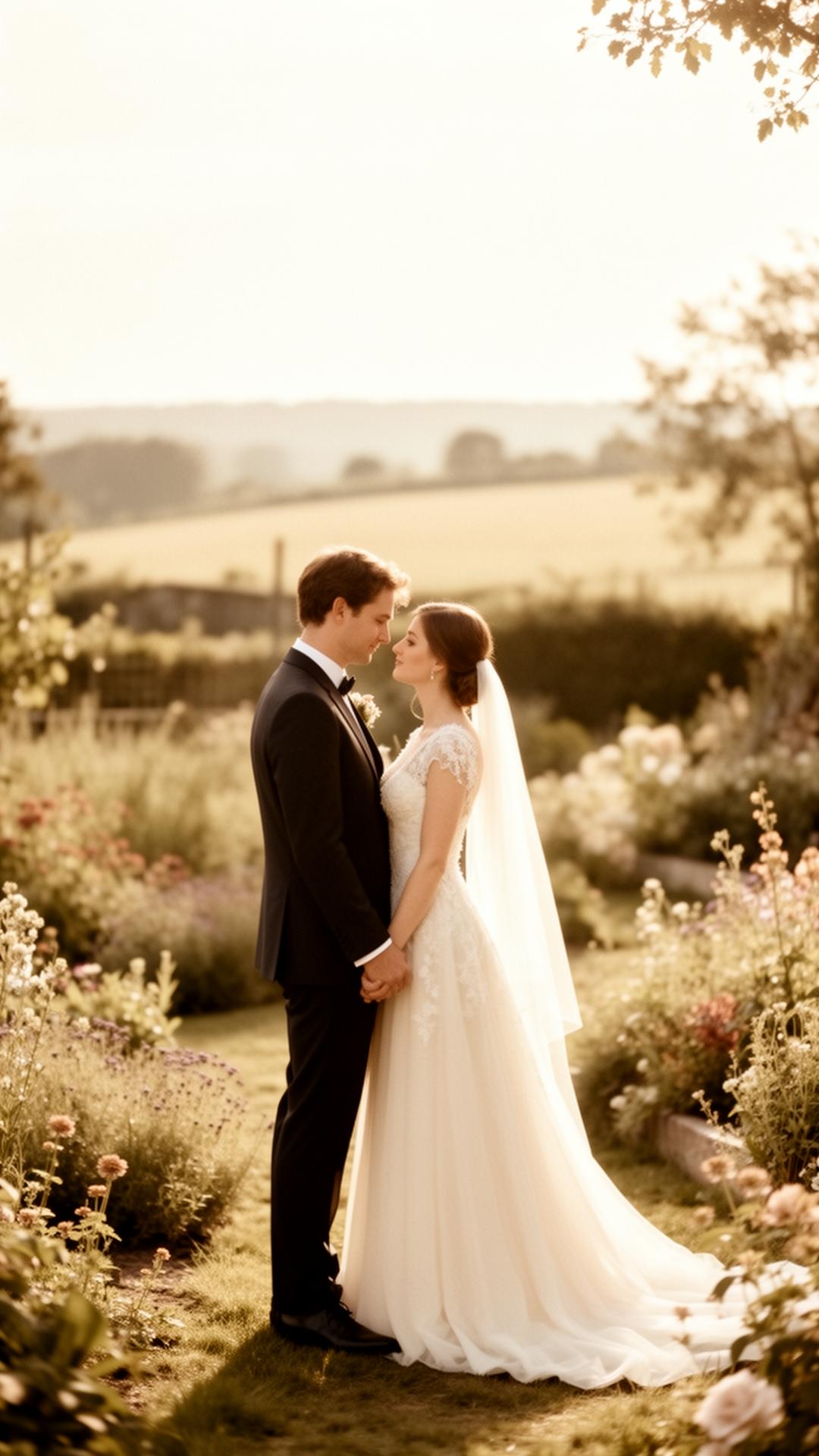 A couple in a sunlit garden, embodying a refined, elegant wedding day
